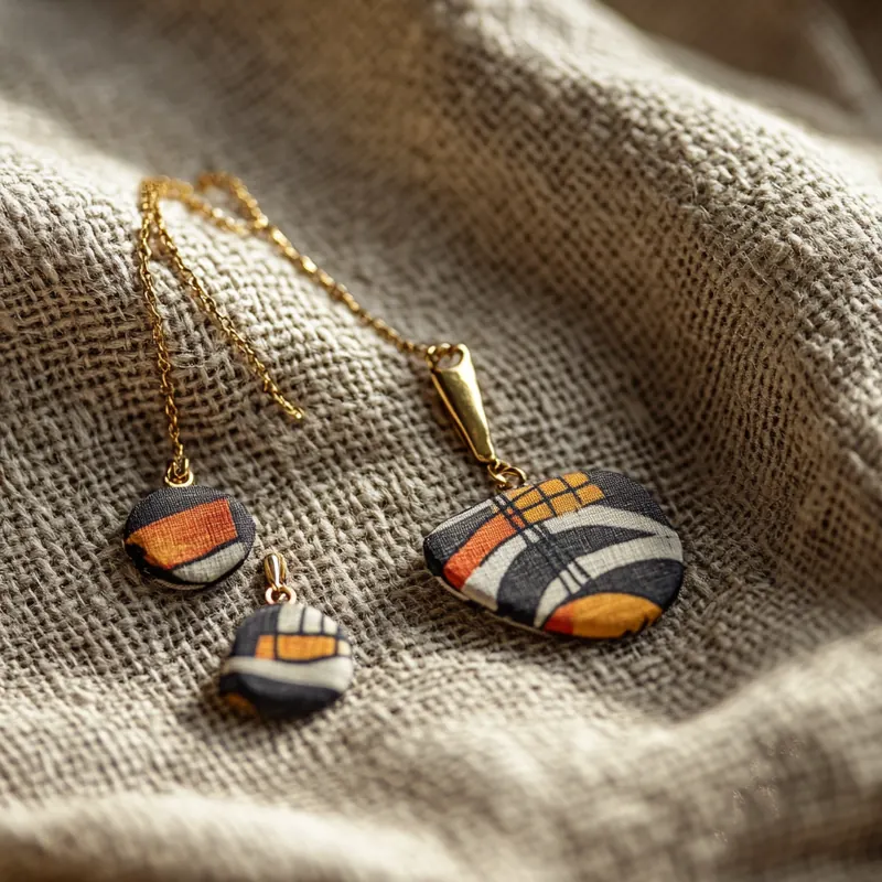 Bijoux artisanaux en tissu wax — collier et boucles d'oreilles, chaîne dorée sur lin naturel, création Dame en Soi