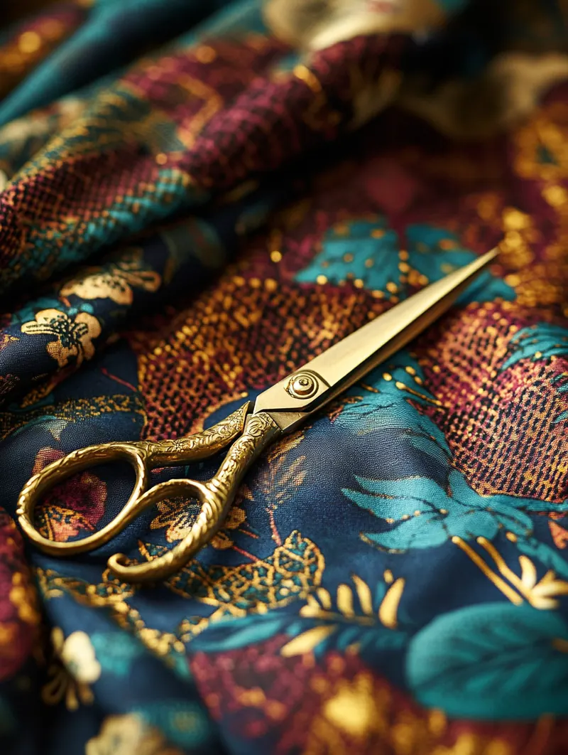 Retouches et réparations — ciseaux dorés sur tissu wax, Dame en Soi