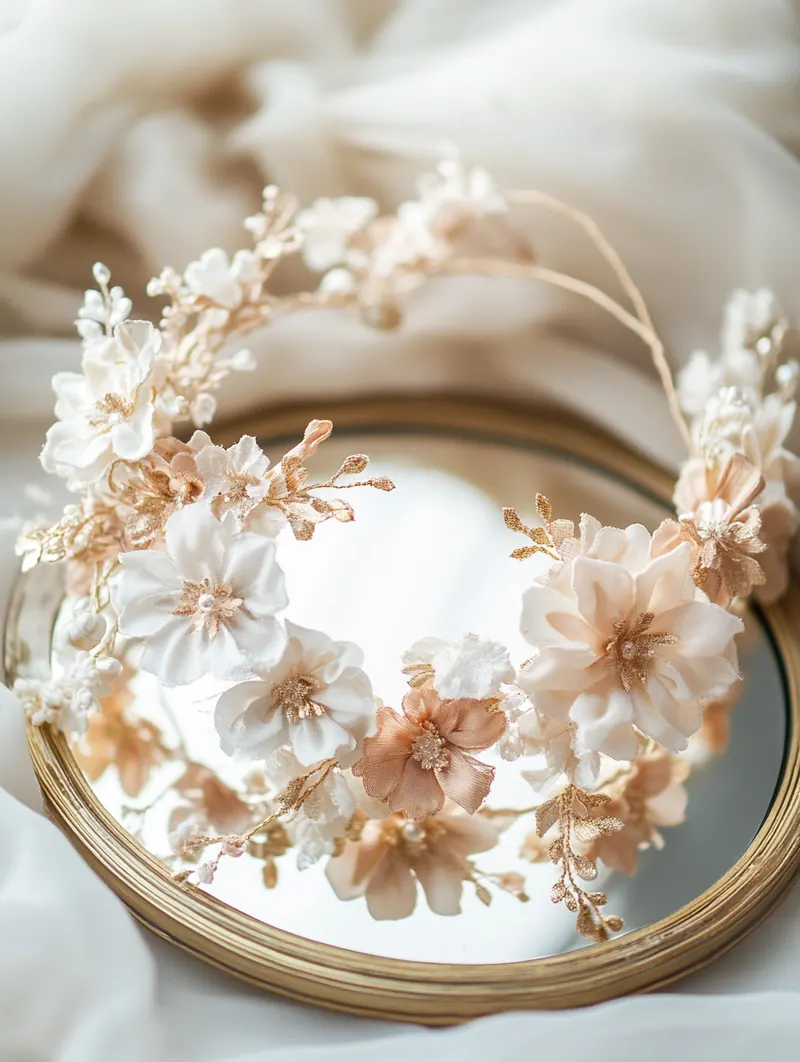 Couronne florale artisanale en tissu — coiffe fait main Dame en Soi, fleurs crème et or sur miroir vintage