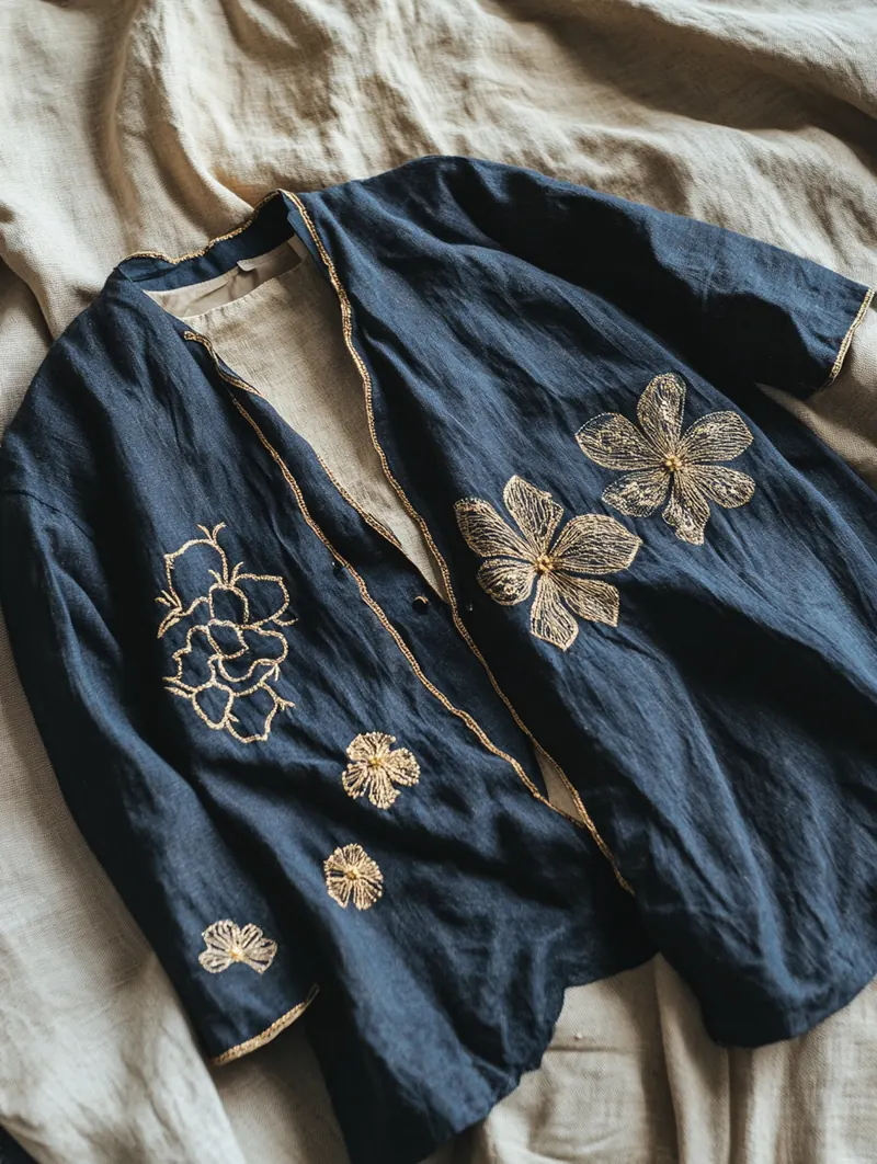 Ensemble veste et pantalon en coton brodé main — broderies florales dorées sur indigo, création unique Dame en Soi Paris