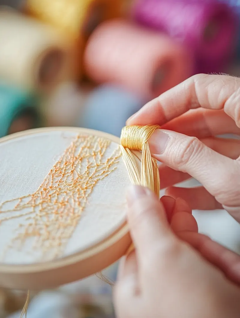 Mains féminines brodant au fil doré sur cerceau — savoir-faire artisanal Dame en Soi, bobines colorées en arrière-plan